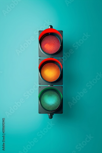 Traffic light on blue background with copy space. Close up glowing traffic signal on evening sky. Traffic control, road safety and regulation on road concept. Red, yellow and green lights on semaphore
