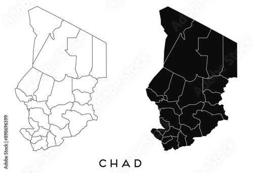 Chad map of regions districts vector black on white and outline