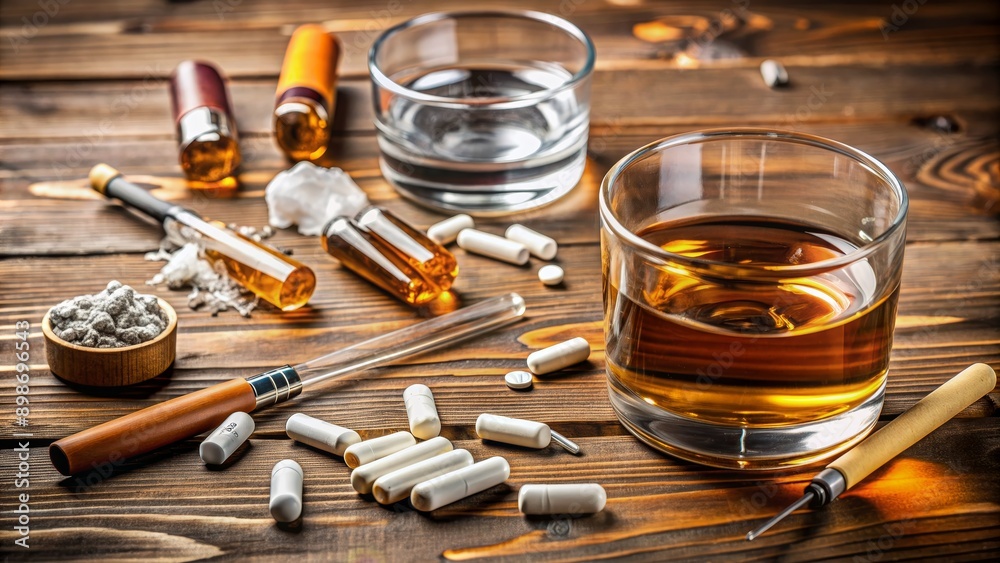 Fototapeta premium The Dark Side of Relaxation A Glass of Whiskey, Pills, and Syringes on a Wooden Table, addiction , alcoholism , drug abuse , substance abuse