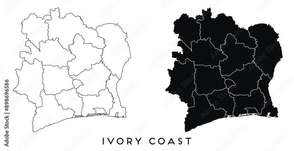 Cote dIvoire Ivory Coast map of regions districts vector black on white and outline Cote dIvoire Ivory Coast map of regions districts vector black on white and outline