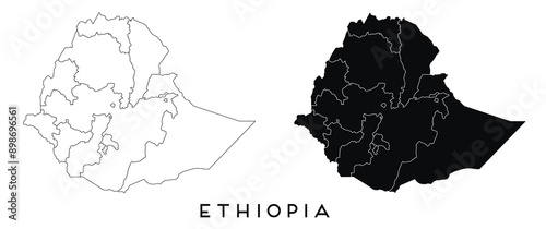 Ethiopia map of regions districts vector black on white and outline