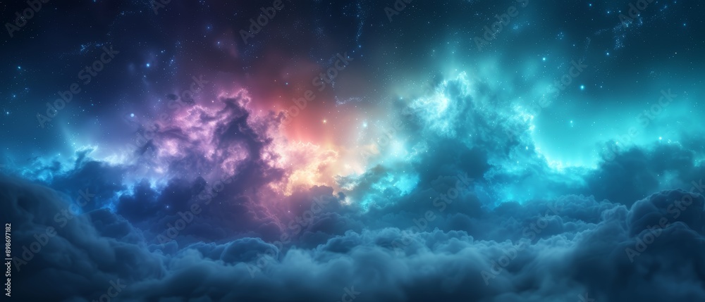 A sky teeming with numerous clouds beneath a star-studded canopy; clouds and stars intermixed in the center A sky teeming with numerous clouds beneath a star-studded canopy; clouds and stars intermixed in the center