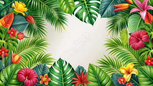 Tropical Floral Frame with Green Leaves, White Background, Illustration, Floral Design, Summer, Paradise, Nature