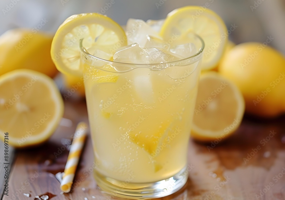 Glass of Lemonade with Lemon Slices and Ice Cubes on Wooden Table Glass of Lemonade with Lemon Slices and Ice Cubes on Wooden Table