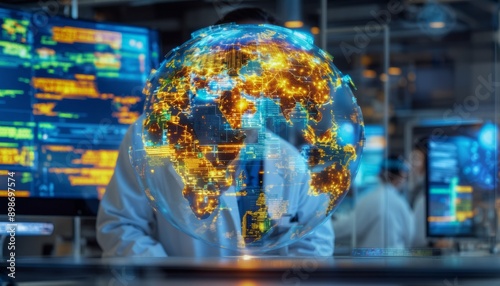 sleek lab with engineers in lab coats, screens displaying complex algorithms, a prominent transparent globe symbolizing blockchain, macro lens showcasing the detailed code analy photo