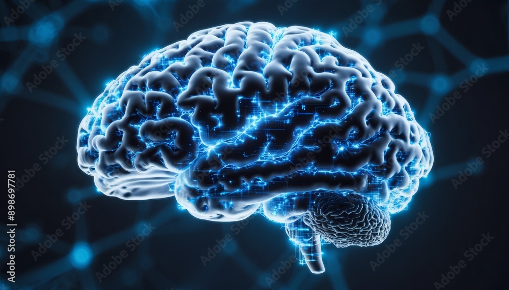 brain and glowing neural network intertwined in a stunning blue and ...