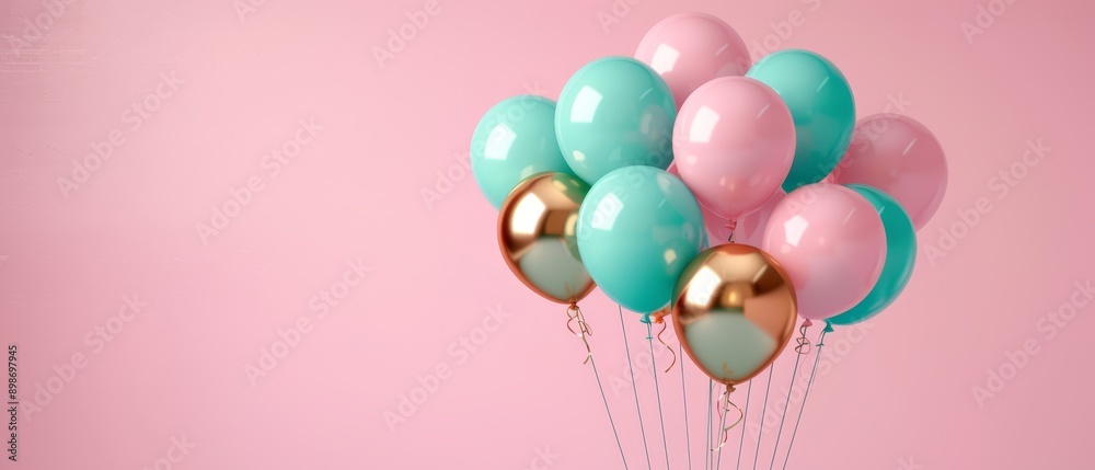 A pink wall serves as backdrop for a group of balloons drifting overhead A pink wall serves as backdrop for a group of balloons drifting overhead