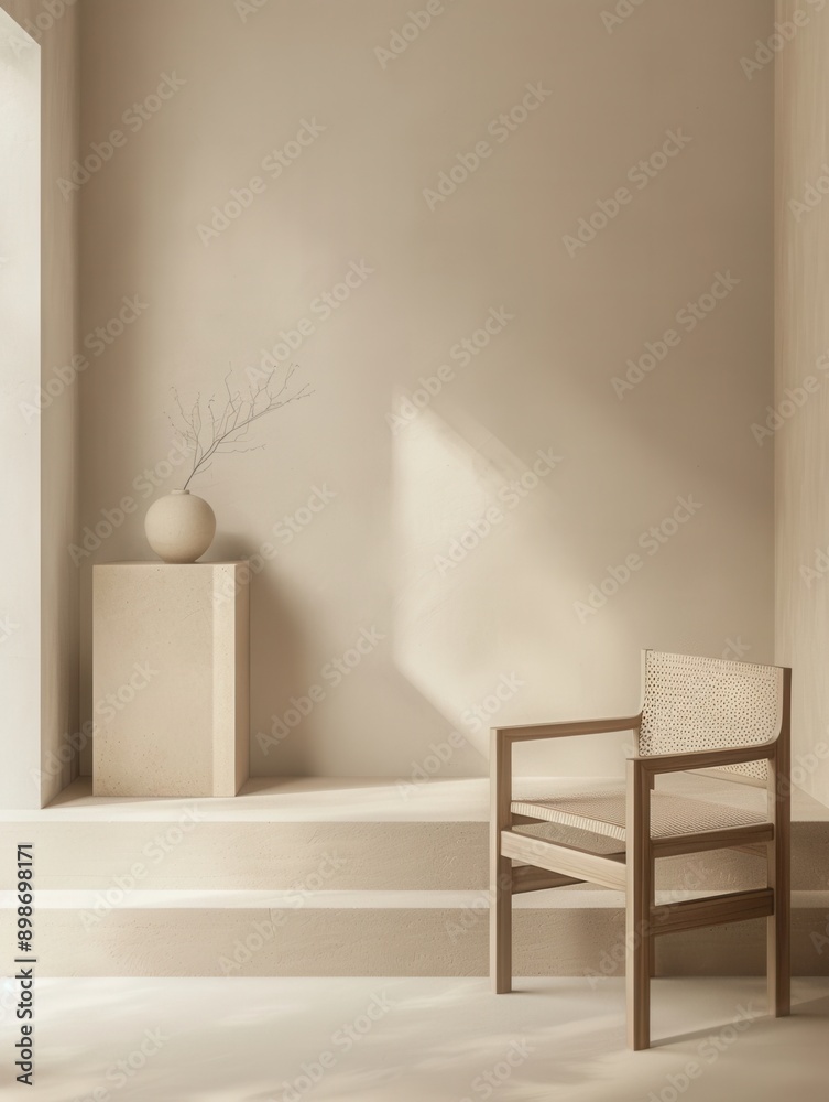 A wooden chair sits on a platform in a minimalist room, with light streaming in from a window behind it, casting shadows on the wall. Generative AI A wooden chair sits on a platform in a minimalist room, with light streaming in from a window behind it, casting shadows on the wall. Generative AI