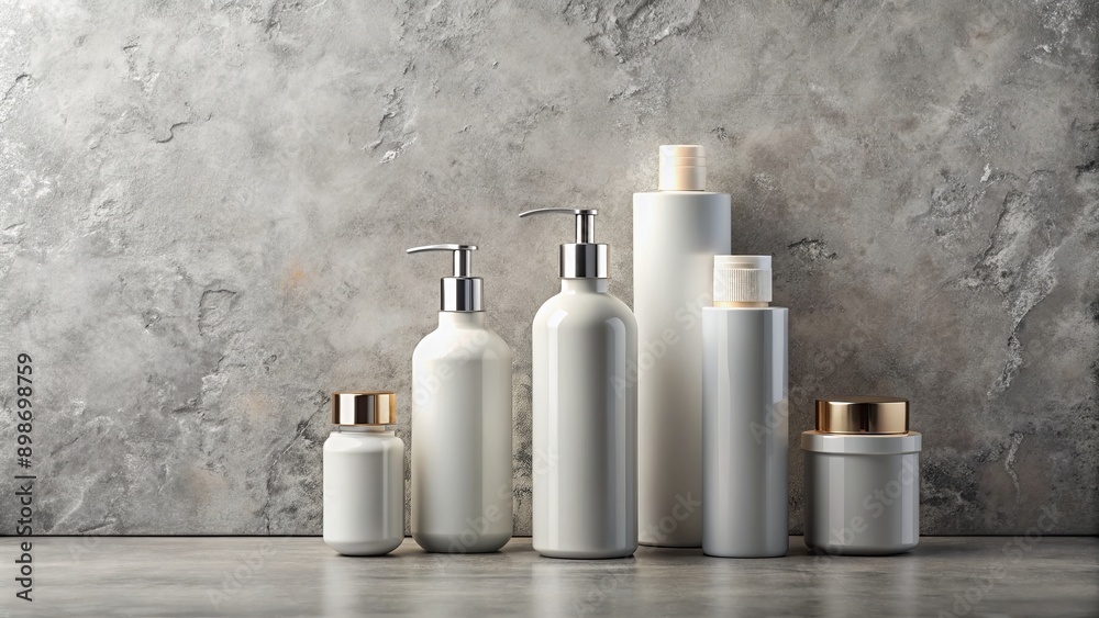 White Bottles on Gray Concrete Background, Product Mockup , Cosmetic Packaging , Beauty Products , Branding White Bottles on Gray Concrete Background, Product Mockup , Cosmetic Packaging , Beauty Products , Branding