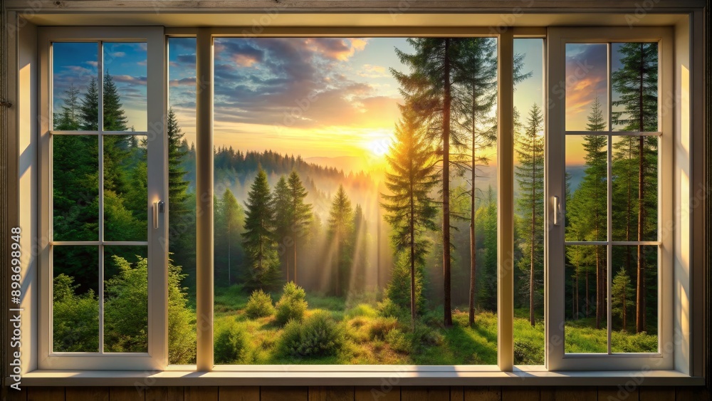 Fototapeta premium Window View of a Sunlit Forest, White Frame, Sunset, Misty Morning, Trees , nature , landscape