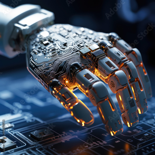 generated illustration of robot hand typing on a laptop photo