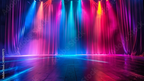 An empty theater stage features a colorful and dynamic backdrop, illuminated by a spotlight. This captivating scene is perfectly set for an exciting live performance.