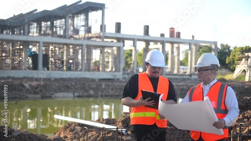 Two architects are standing and discussing building plans and checking the completion of construction, asian architect people working