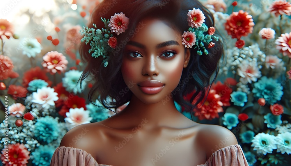 A beautiful 20-year-old African American woman. In the background is a garden with flowers that are dreamy blend of reds, turquoise, and peach, creating a serene atmosphere. A beautiful 20-year-old African American woman. In the background is a garden with flowers that are dreamy blend of reds, turquoise, and peach, creating a serene atmosphere.