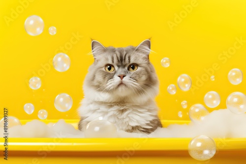 adorable photo capturing a contented cat enjoying a bubble bathup. photo