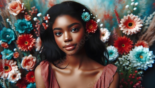 A beautiful 20-year-old African American woman. In the background is a garden with flowers that are dreamy blend of reds, turquoise, and peach, creating a serene atmosphere.