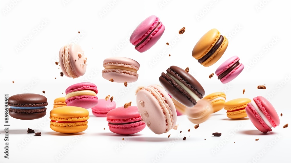 Fototapeta premium Various colorful of macarons floating on the air isolated on clean png background, Desserts sweet cake concept