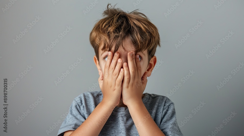 A young boy in a gray shirt is covering his face with his hands while making a funny, exaggerated expression. The cool gray background emphasizes his playful and mischievous mood A young boy in a gray shirt is covering his face with his hands while making a funny, exaggerated expression. The cool gray background emphasizes his playful and mischievous mood