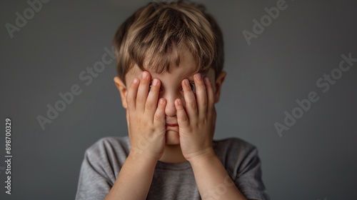 A young boy in a gray shirt is covering his face with his hands while making a funny, exaggerated expression. The cool gray background emphasizes his playful and mischievous mood