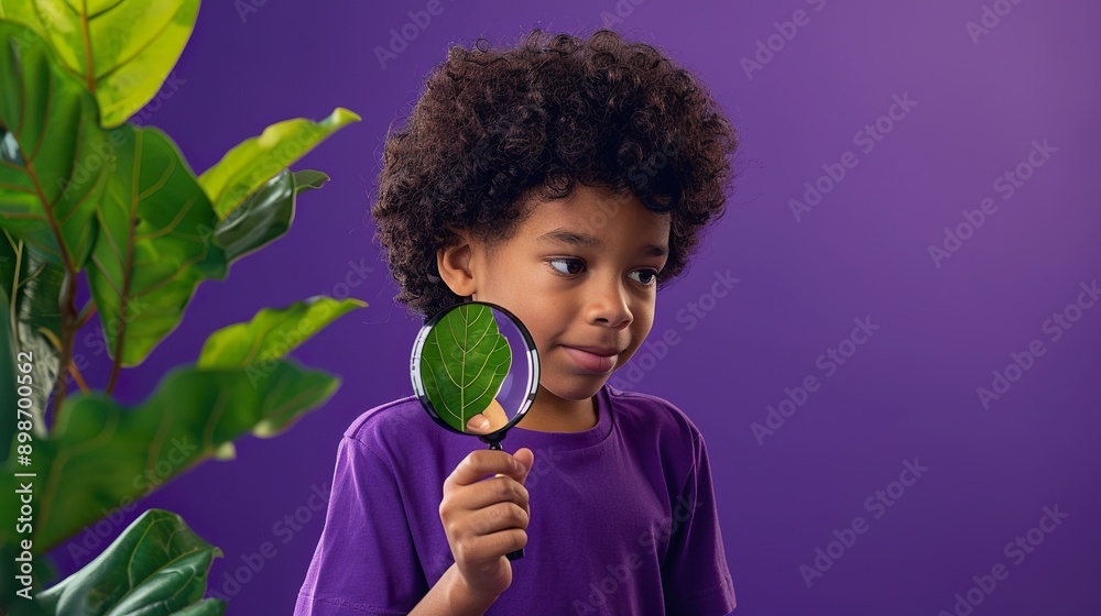 A young boy in a purple T-shirt is standing outdoors, holding a magnifying glass up to a leaf and observing it with fascination. A young boy in a purple T-shirt is standing outdoors, holding a magnifying glass up to a leaf and observing it with fascination.