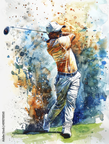 Golfer Swinging Club Abstract Painting