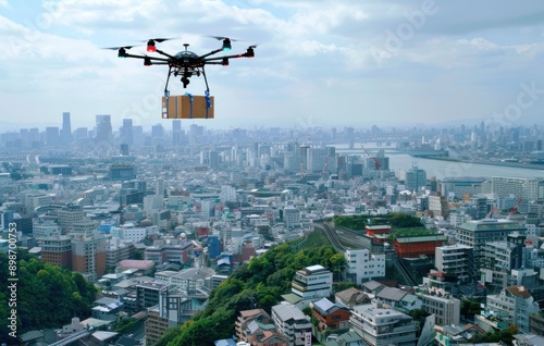 A drone is flying over a city with a box on it