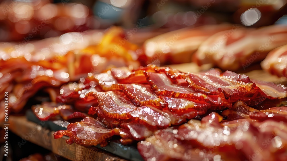 bacon slices on a board. Selective focus. bacon slices on a board. Selective focus.