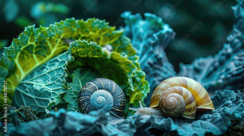 Snails in the garden on plants. Selective focus. Snails in the garden on plants. Selective focus.