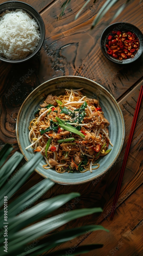 A vibrant bowl of noodle dish garnished with fresh vegetables, served alongside rice and spices, perfect for food photography. A vibrant bowl of noodle dish garnished with fresh vegetables, served alongside rice and spices, perfect for food photography.