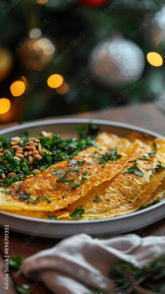 Delicious omelette with herbs and nuts, perfect for festive dining. Enjoy a savory meal with vibrant colors and flavor. Delicious omelette with herbs and nuts, perfect for festive dining. Enjoy a savory meal with vibrant colors and flavor.