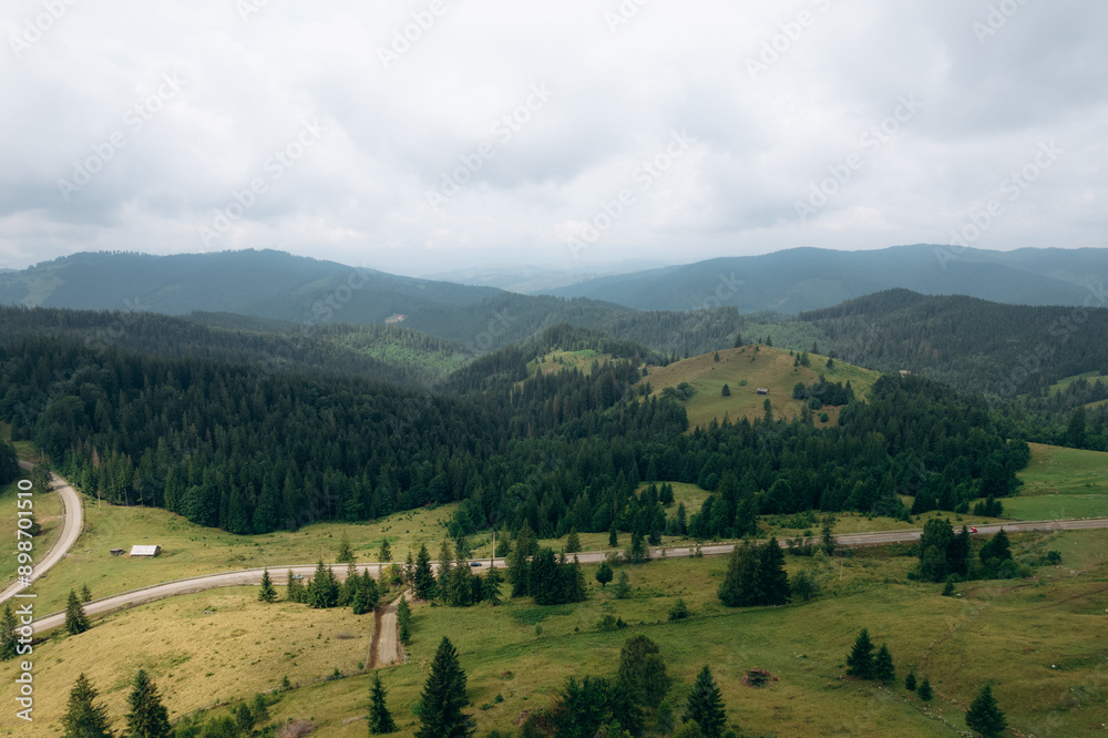 Beautiful aerial summer view of the forest in the mountains and valley or hills.
Beautiful aerial summer view of the forest in the mountains and valley or hills.