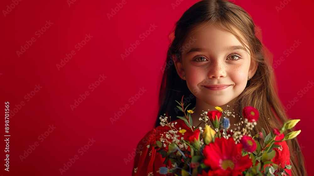 A young girl in a red dress is holding a bouquet of mixed flowers, her face glowing with happiness. The rich red background complements her joyful and affectionate demeanor A young girl in a red dress is holding a bouquet of mixed flowers, her face glowing with happiness. The rich red background complements her joyful and affectionate demeanor