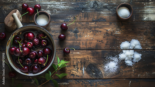 cherries and cherry jam on a wooden table with space for an inscription photo