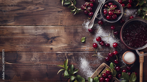 cherries and cherry jam on a wooden table with space for an inscription photo