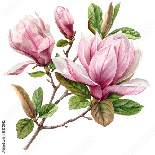 magnolia flowers with leaves illustration