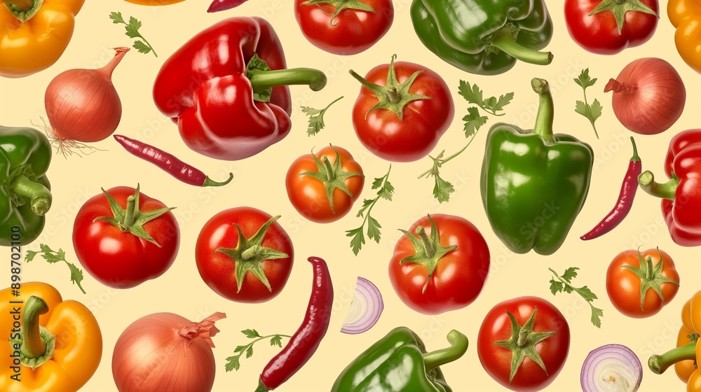 A seamless pattern showcasing vibrant bell peppers, chili peppers, tomatoes, and onions, all bursting with color and set against a pale yellow background. A seamless pattern showcasing vibrant bell peppers, chili peppers, tomatoes, and onions, all bursting with color and set against a pale yellow background.