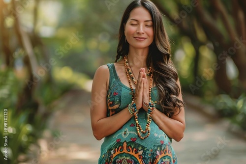 Full body photo of Hispanic mother practicing yoga using meditation beads in a peaceful park. photo