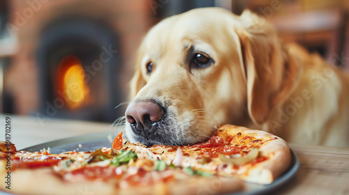 dog eats pizza photo