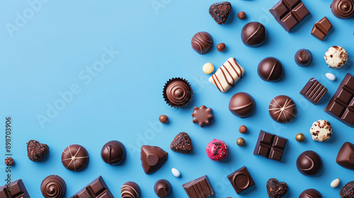 chocolate candies on a blue background with space for an inscription photo