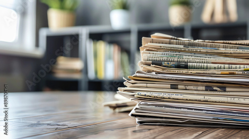 stack of newspapers on table on blurred background in room photo