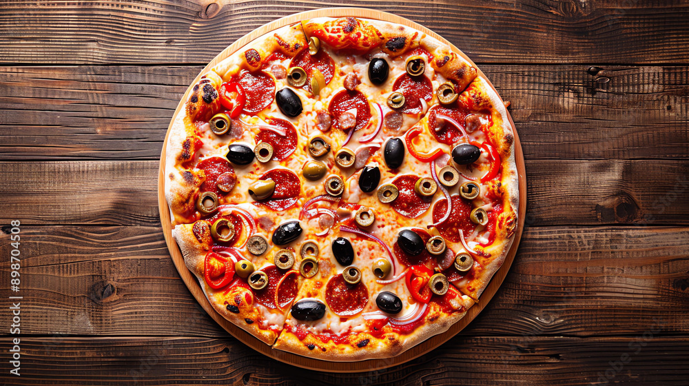 pizza on wooden table with space for inscription pizza on wooden table with space for inscription