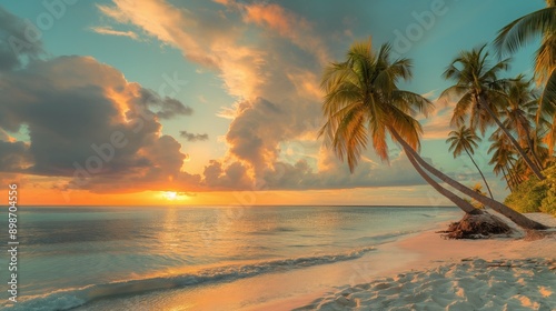 A scenic tropical beach at sunset, with the sky a blaze of colors and the sun sinking below the horizon, casting a warm light on the swaying palm trees and calm sea.