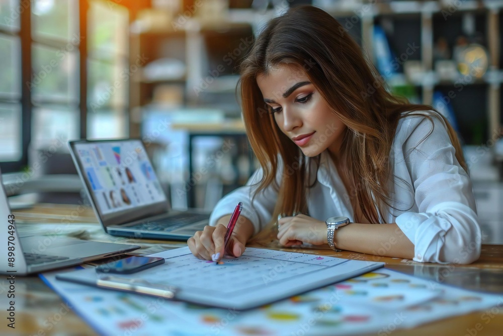 Fototapeta premium Beautiful businesswoman gracefully marking a date on the calendar at her workplace surrounded by her laptop, phone, and agenda.