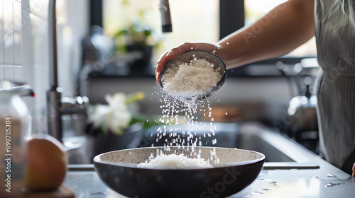 a man washes rice in water photo