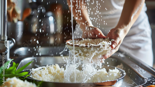 a man washes rice in water photo