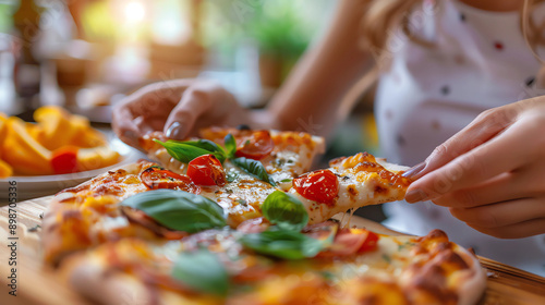 woman holding a slice of pizza photo