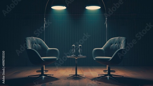 Illustration of two chairs and microphone in podcast or interview room isolated on dark background. Ai generated image