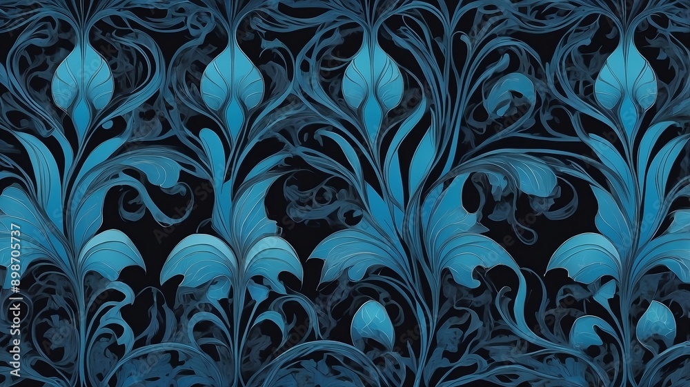 Pattern design with art nouveau style and repetition techniques, blue and black colors Pattern design with art nouveau style and repetition techniques, blue and black colors