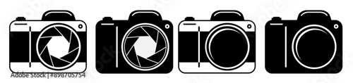 Photography camera icon set. Flat black and white silhouette style. Apature and lens flare.
