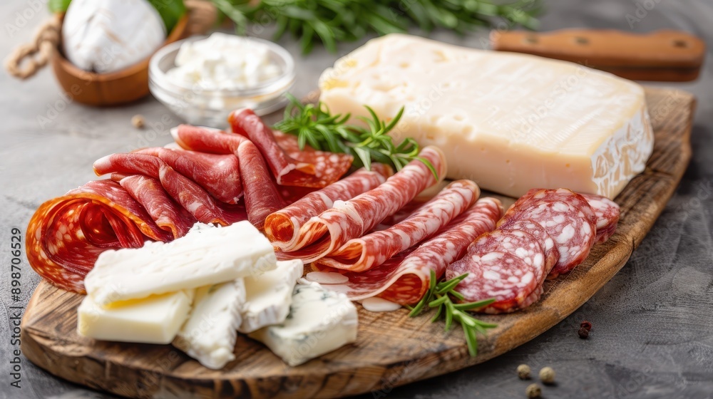 A delicious charcuterie board featuring an assortment of cheeses and various types of cured meats, elegantly arranged for a delightful dining experience. A delicious charcuterie board featuring an assortment of cheeses and various types of cured meats, elegantly arranged for a delightful dining experience.
